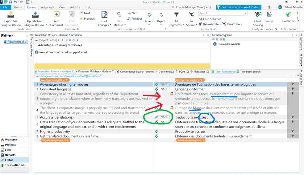 Screenshot of RWS Trados Studio with a document open. Red arrows point to segments labeled 'NMT' indicating machine translation. A segment with a pencil icon indicates an edit. No visible errors or warnings.