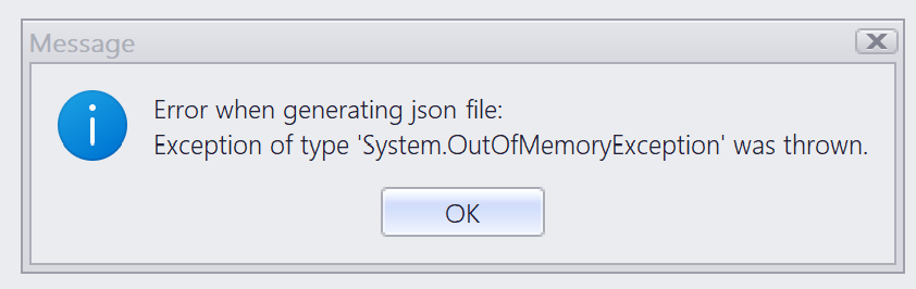 Error message dialog box in Trados Studio stating 'Error when generating json file: Exception of type 'System.OutOfMemoryException' was thrown.' with an OK button.