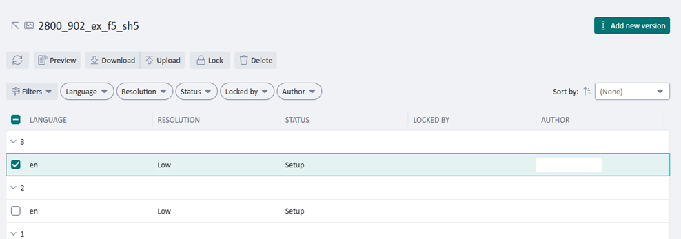 Screenshot of a digital asset management interface displaying details for a specific image file '2800_902_ex_f5_sh5' with version history. The 'Sort by' dropdown menu is set to '(None)'.