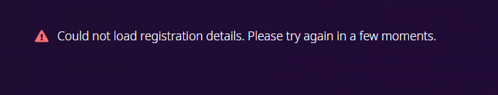 Error message in Language Weaver portal stating 'Could not load registration details. Please try again in a few moments.'