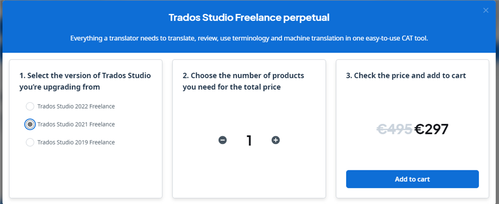 Screenshot of Trados Studio Freelance perpetual upgrade page. Option selected for upgrading from Trados Studio 2021 Freelance. Quantity set to 1. Price discounted from 495 euros to 297 euros.