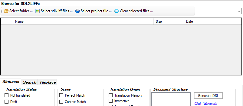 Screenshot of Trados Studio's SDLXLIFF Toolkit plugin with options to select folder, sdlxliff files, or project file, and a clear selected files button.