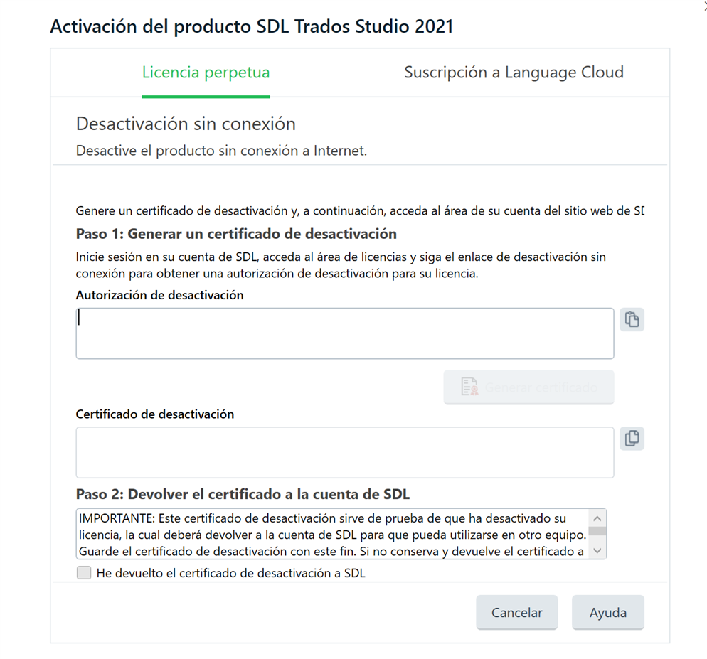 Screenshot of SDL Trados Studio 2021 product activation page with sections for perpetual license and Language Cloud subscription. It shows an offline deactivation section with steps to generate and return a deactivation certificate.