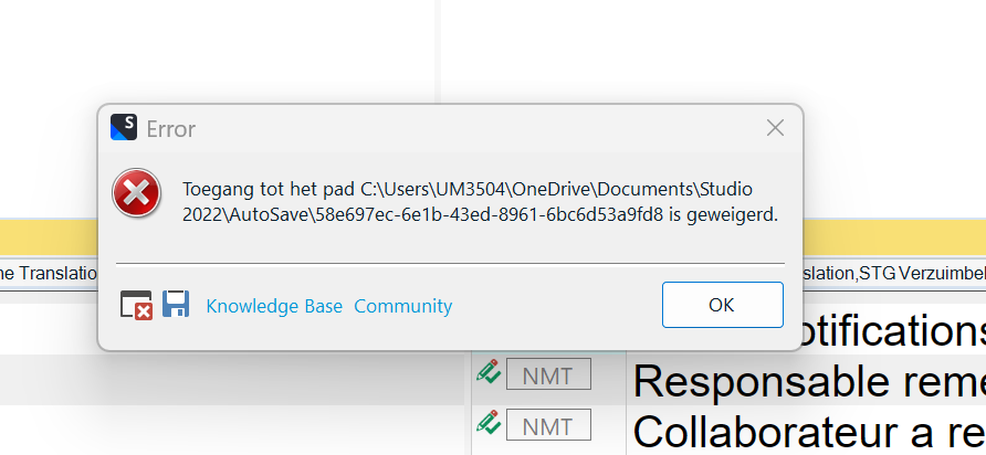 Error dialog box from Trados Studio stating 'Access to the path C:UsersUM3504OneDriveDocumentsStudio2022AutoSaveunique identifier is denied.' with an OK button.