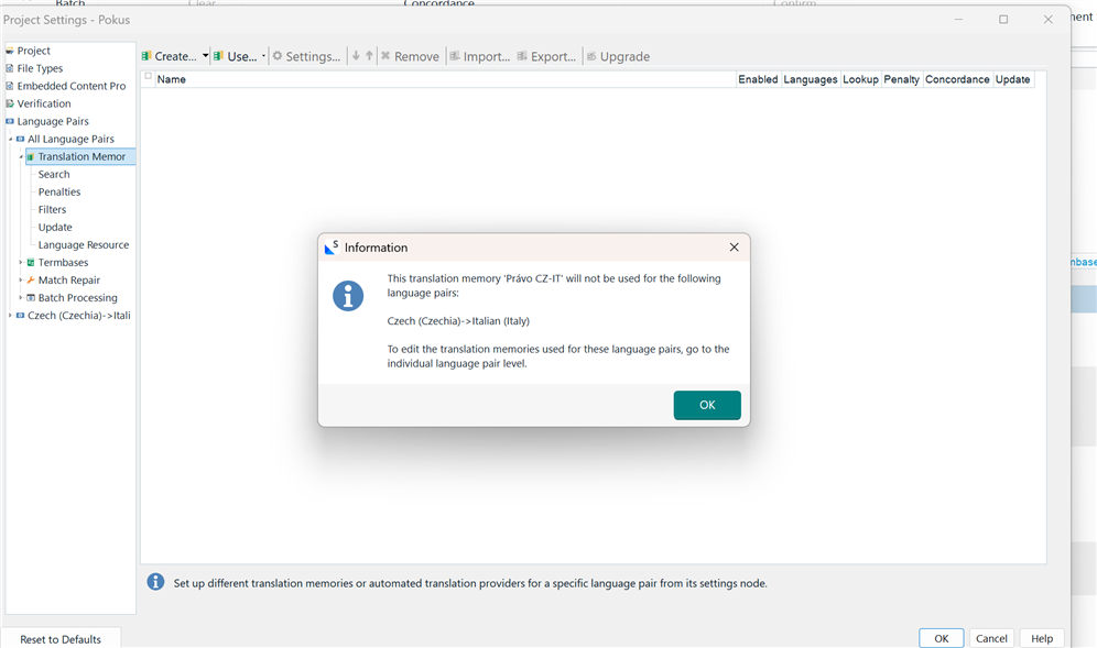 Screenshot of Trados Studio showing an information dialog box stating that the translation memory 'Pravo CZ-IT' will not be used for Czech-Italian language pairs.