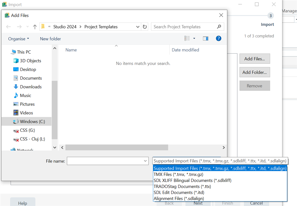 Screenshot of an 'Add Files' dialog in a software interface, showing no items in the folder and a list of supported import file types including .tmx, .sdltm, .txt, .itd, and .sdlalign.