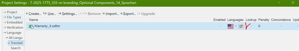 Screenshot of the Project Settings window in Studio 2024, showing a translation memory file named 'Warranty_lt.sdltm' with enabled languages set to English (US) and Lithuanian (LT).