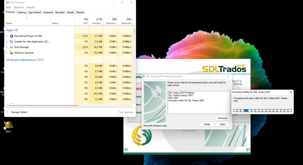 Screenshot showing Trados 2007 Freelance Installer window with a list of components to install, and an Activation Utility window processing activation.