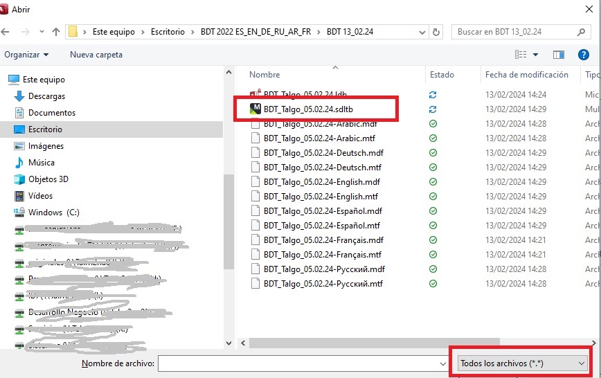 File explorer window with Trados Studio database files, one file highlighted indicating it is selected for deletion to clear cache.