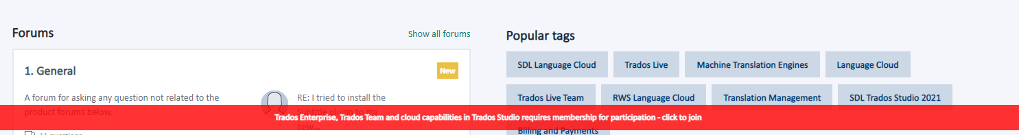 Screenshot of Trados Studio forum page with a red bar at the bottom indicating 'Trados Enterprise, Trados Team and cloud capabilities in Trados Studio requires membership for participation - click to join'.