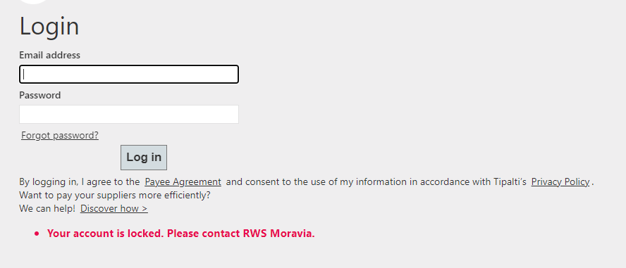 Login page with fields for email address and password. A message below the login button states 'Your account is locked. Please contact RWS Moravia.'