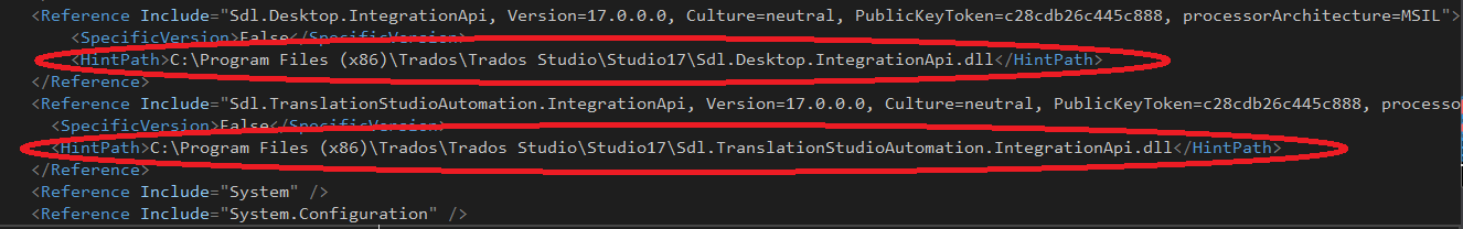 Code snippet from a .csproj file showing references to Sdl.Desktop.IntegrationApi and Sdl.TranslationStudioAutomation.IntegrationApi with version 17.0.0.0 and hint paths to their locations.