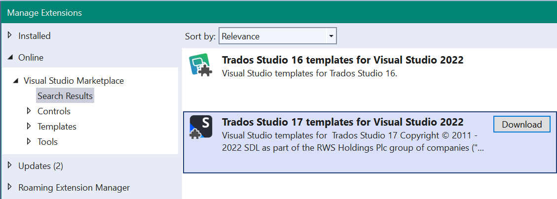 Manage Extensions window showing 'Online' selected with 'Visual Studio Marketplace' expanded revealing 'Search Results'. Two results displayed: 'Trados Studio 16 templates for Visual Studio 2022' and 'Trados Studio 17 templates for Visual Studio 2022' with a 'Download' button for the latter.