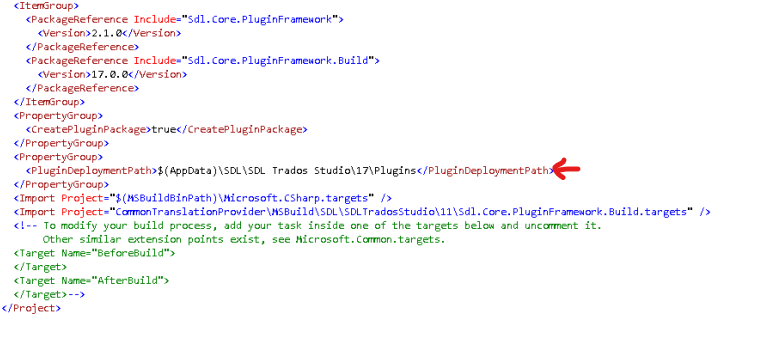 Screenshot of Trados Studio XML configuration file with a red error indicator pointing to the PluginDeploymentPath element.