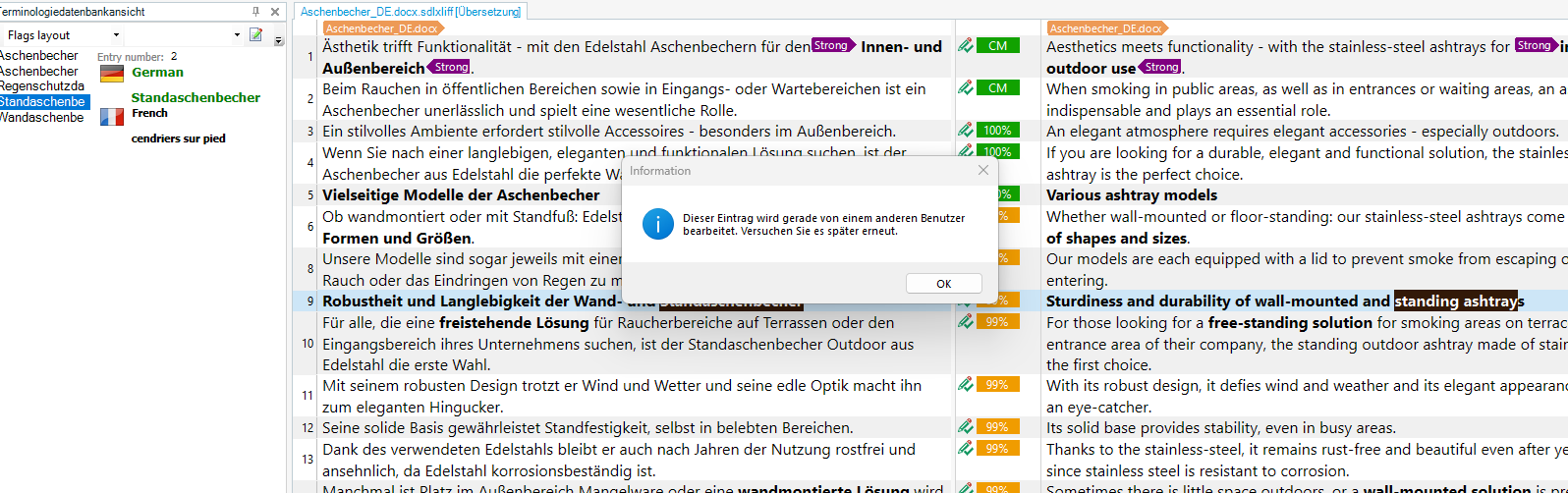 Screenshot of Trados Studio showing a warning message 'This entry is currently being processed by another user. Please try again later.' in the Termbase Management view.