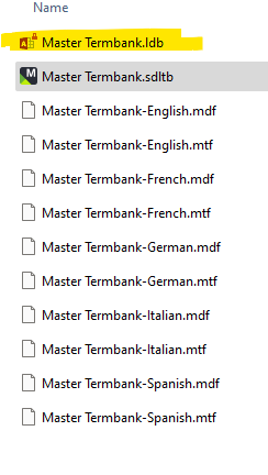 Screenshot of a folder containing Trados Studio termbase files, highlighting a lock file named 'Master Termbank.ltb' which may indicate the termbase is in use or locked.