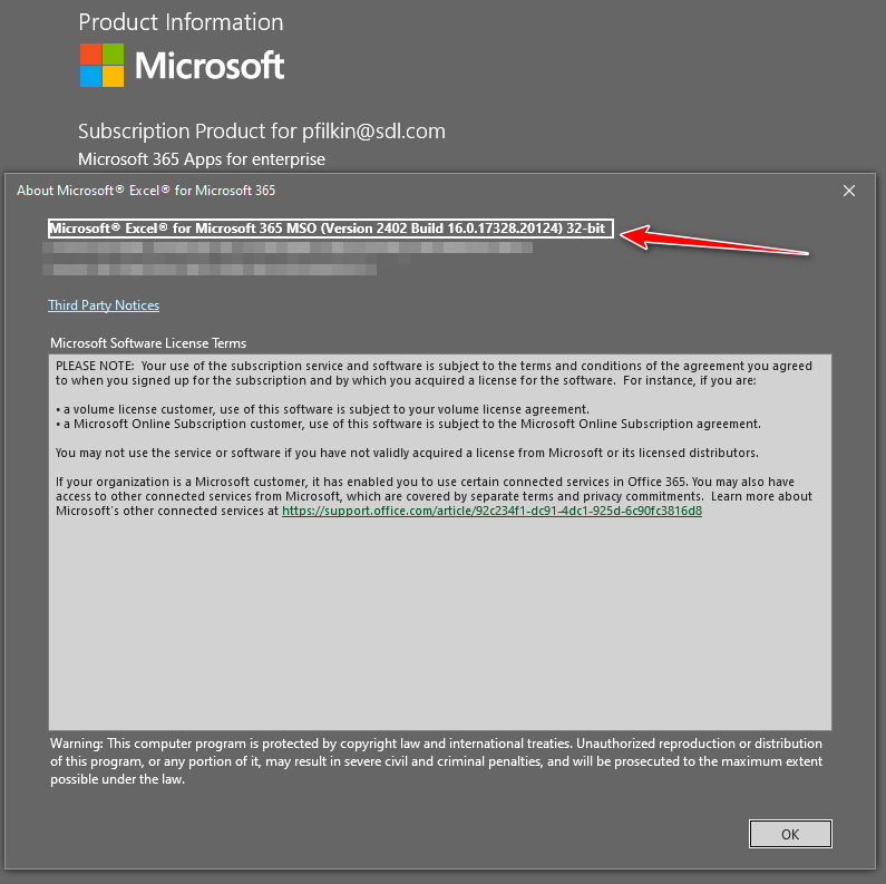Microsoft Excel for Microsoft 365 MSO (Version 2402 Build 16.0.17328.20124) 32-bit product information dialog box with a red arrow pointing to the 32-bit version information.