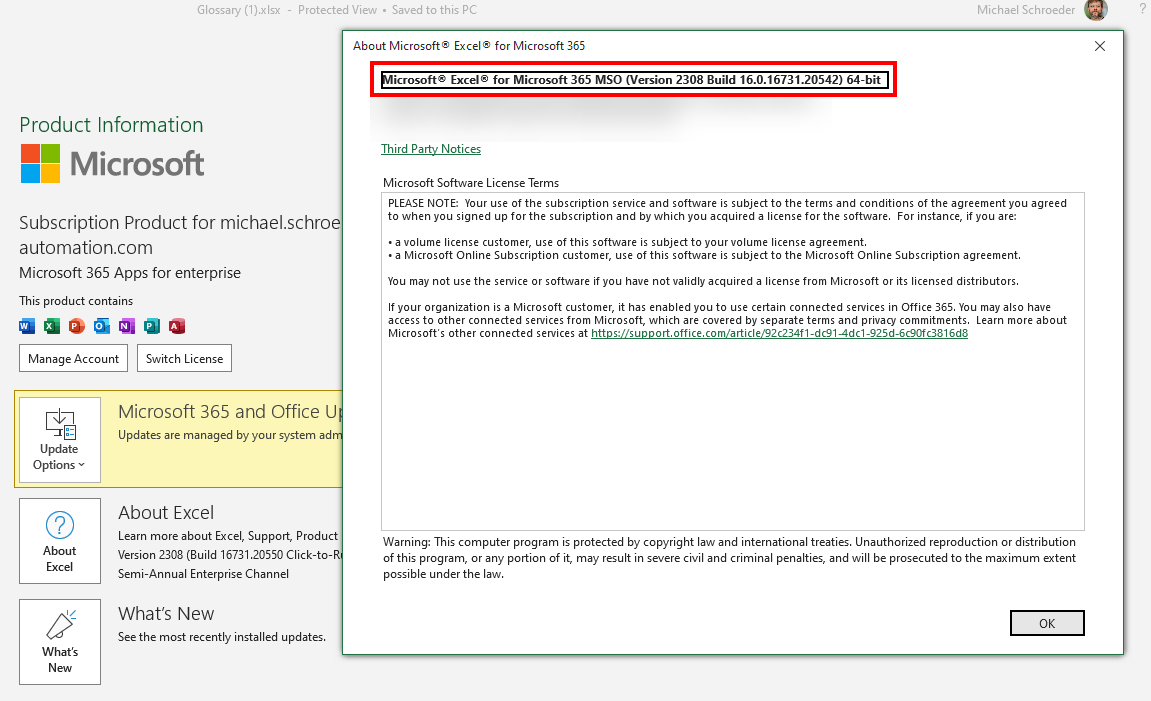 Screenshot of Microsoft Excel for Microsoft 365 MSO version 2308 build 16.0.16731.20542 64-bit about page, showing software license terms and copyright warning.