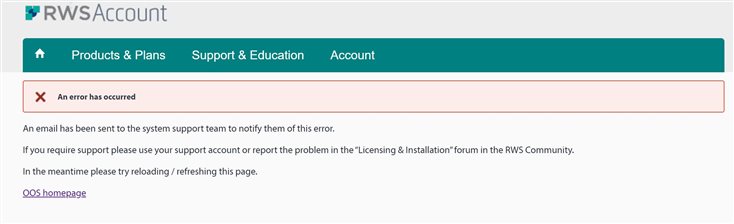 RWS Account webpage showing an error message stating 'An error has occurred' with instructions to reload the page or contact system support.
