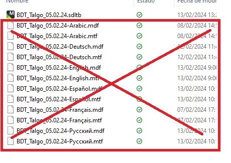 File explorer window with a list of Trados Studio database files, some crossed out indicating they are not processed correctly.