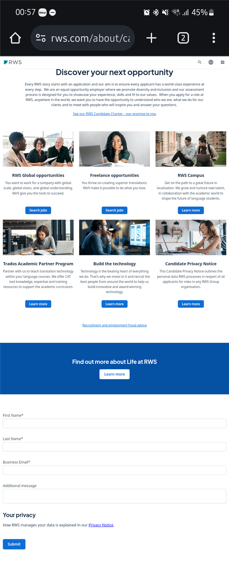 Screenshot of RWS careers page with sections for Discover your next opportunity, RWS Global opportunities, Freelance opportunities, RWS Campus, Trados Academic Partner Program, Build the technology, and Candidate Privacy Notice. A contact form is at the bottom.