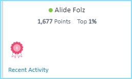 Trados Studio user profile showing the name Alide Folz with 1,677 points, a badge indicating Top 1%, and a 'Recent Activity' section.